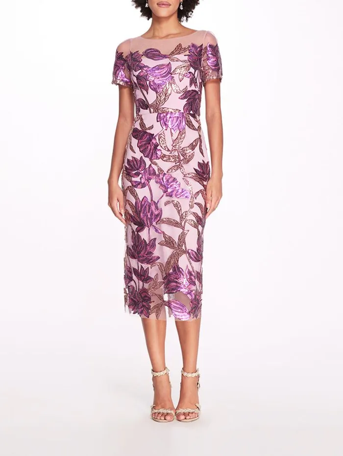 Women Marchesa Marchesa Notte Lotus Sequin CapSleeved Pencil Dress Purple Mauve