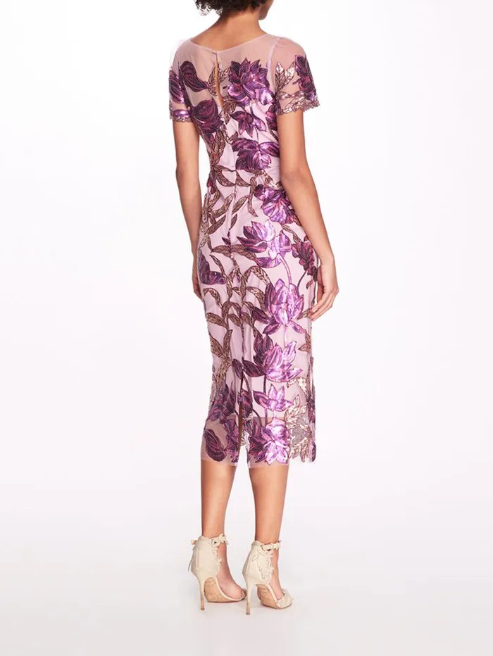 Women Marchesa Marchesa Notte Lotus Sequin CapSleeved Pencil Dress Purple Mauve