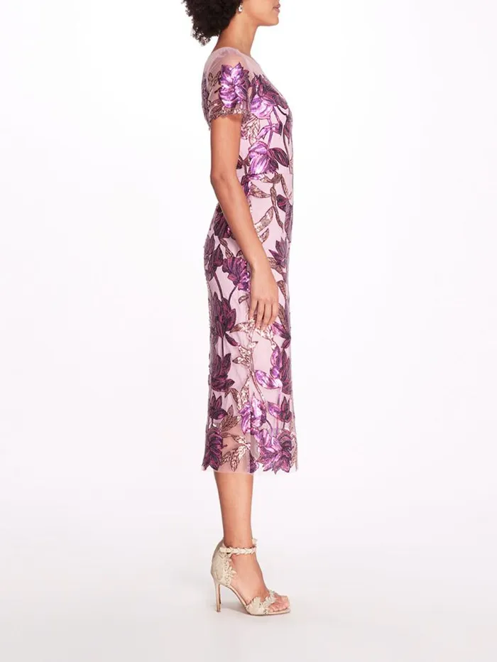 Women Marchesa Marchesa Notte Lotus Sequin CapSleeved Pencil Dress Purple Mauve