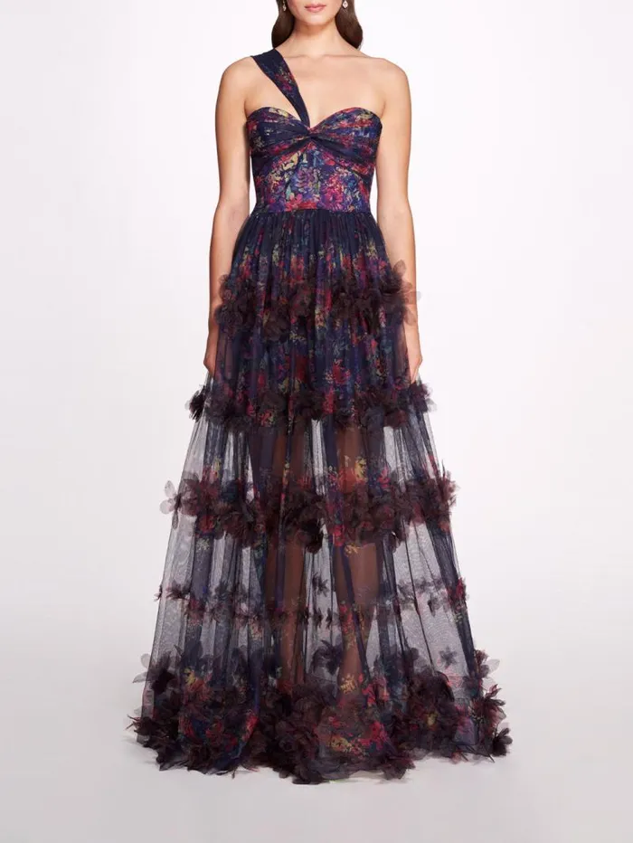 Women Marchesa Marchesa Notte Watercolor Garland Gown Navy Multi