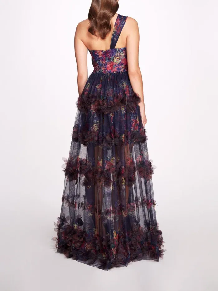 Women Marchesa Marchesa Notte Watercolor Garland Gown Navy Multi