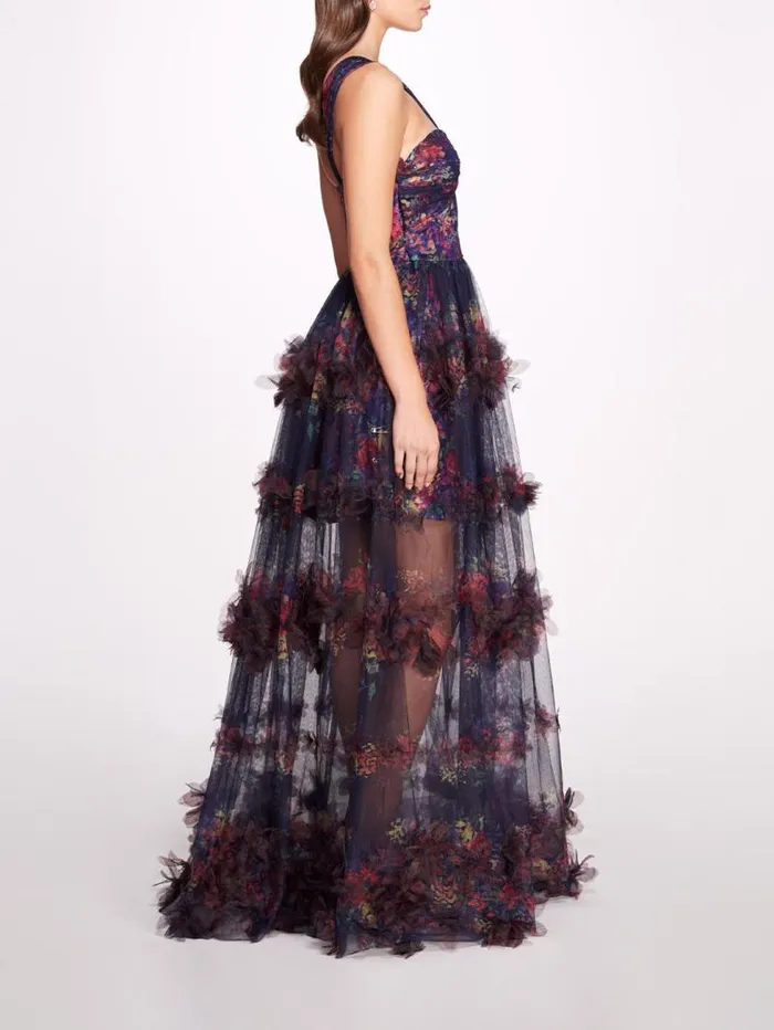 Women Marchesa Marchesa Notte Watercolor Garland Gown Navy Multi