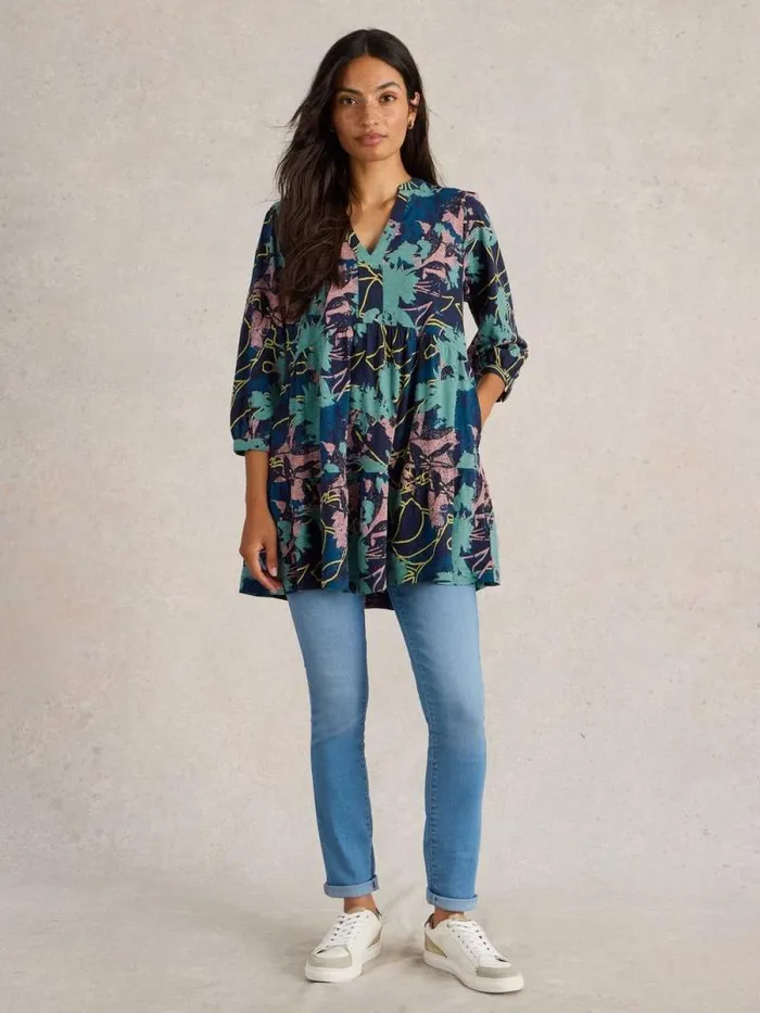 Women MARTA V NECK TUNIC Navy Print White Stuff Shirts and Blouses