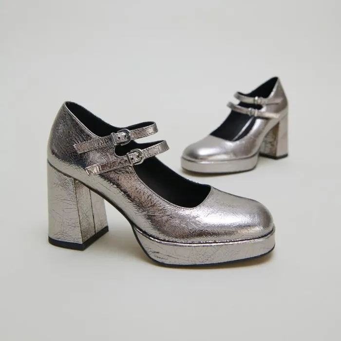 Women Mary Jane With Double Straps And Platforms Dark Silver JONAK Babies Saloms