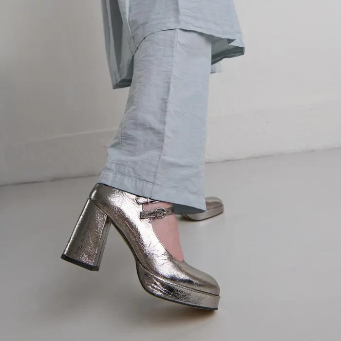 Women Mary Jane With Double Straps And Platforms Dark Silver JONAK Babies Saloms