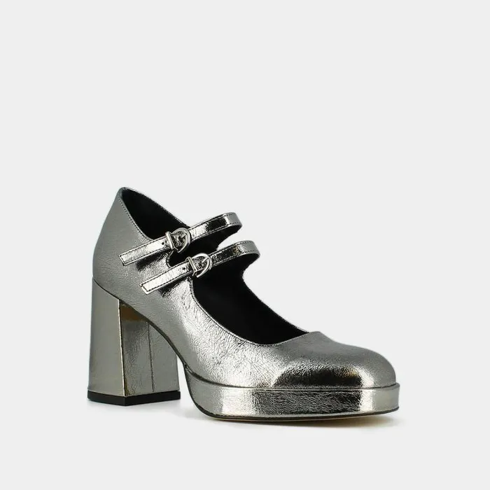 Women Mary Jane With Double Straps And Platforms Dark Silver JONAK Babies Saloms