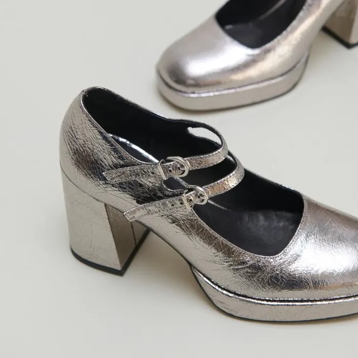 Women Mary Jane With Double Straps And Platforms Dark Silver JONAK Babies Saloms