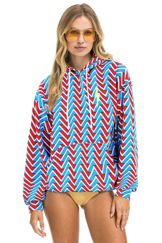WomenMen Tops Aviator Nation GEO ZIG BOLT EMBROIDERY RELAXED PULLOVER HOODIE 8211 RED BLUE
