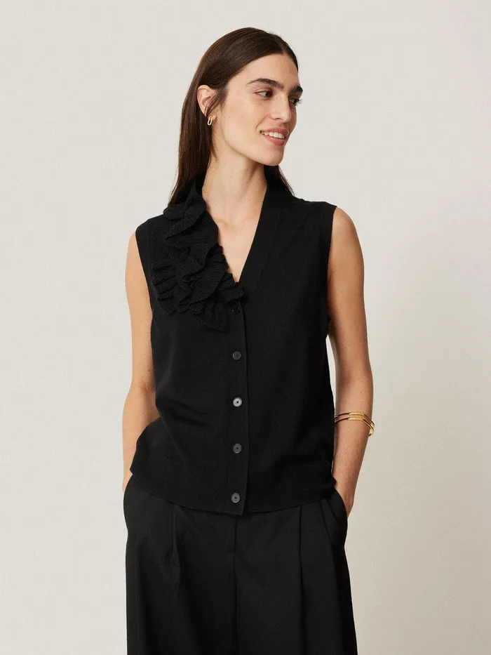 Women Merino Ruffle Waistcoat Black Jigsaw Shirts and Tops
