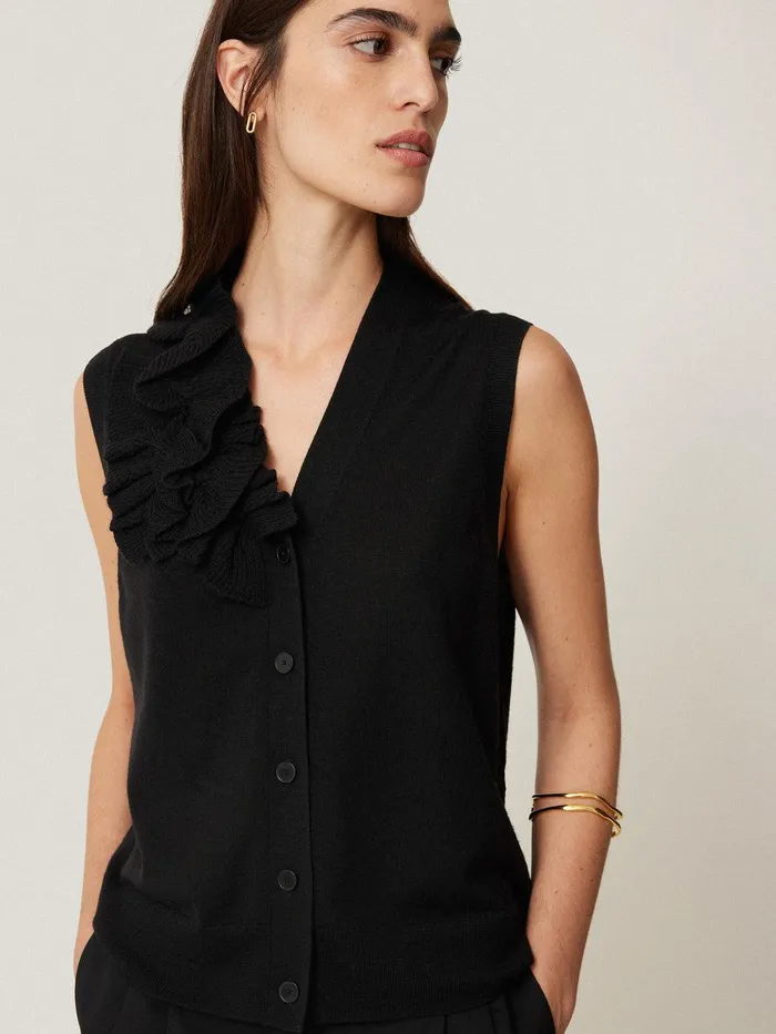 Women Merino Ruffle Waistcoat Black Jigsaw Shirts and Tops