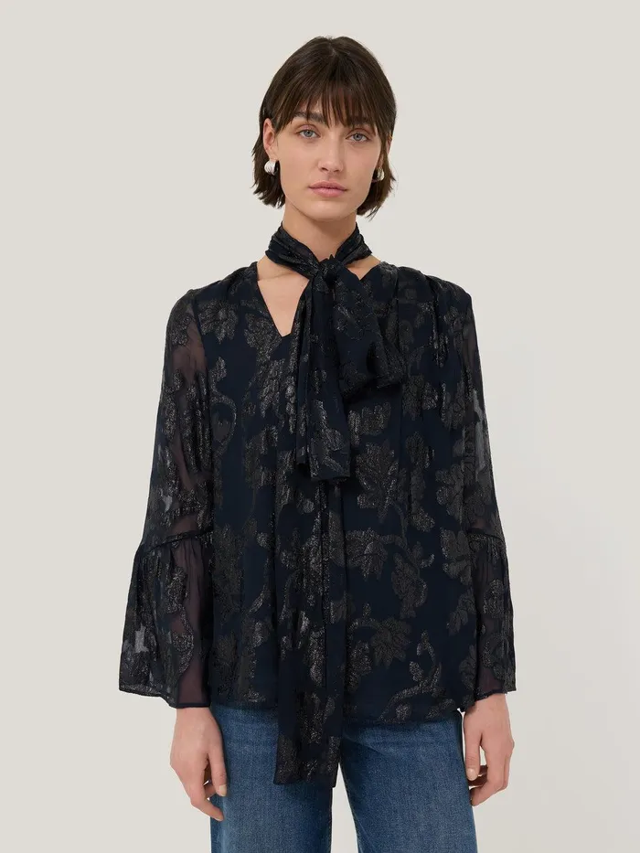 Women Metallic Jacquard Top Navy Jigsaw Coords