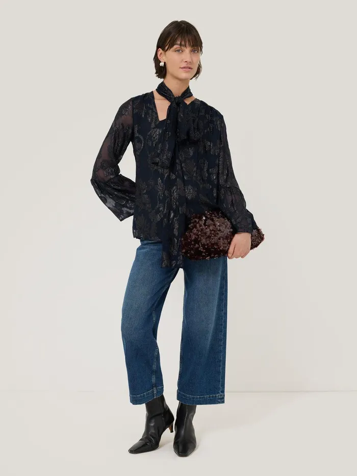Women Metallic Jacquard Top Navy Jigsaw Coords