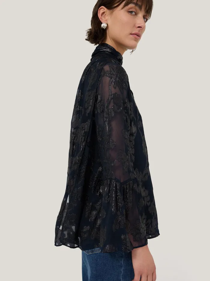 Women Metallic Jacquard Top Navy Jigsaw Coords