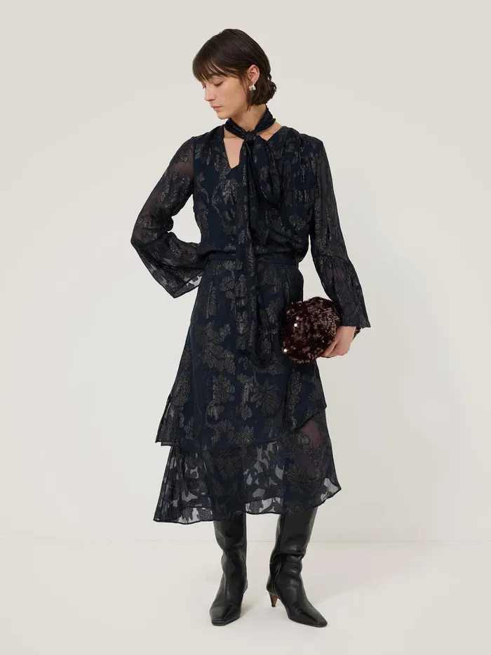 Women Metallic Jacquard Top Navy Jigsaw Coords