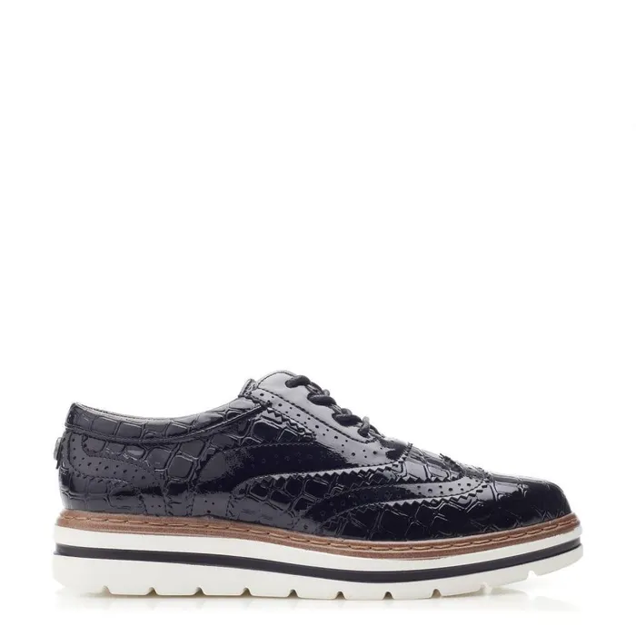 Women Moda In Pelle Brogues And Loafers Gennisiss Black Patent Mocc Croc