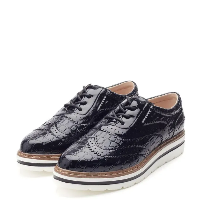 Women Moda In Pelle Brogues And Loafers Gennisiss Black Patent Mocc Croc