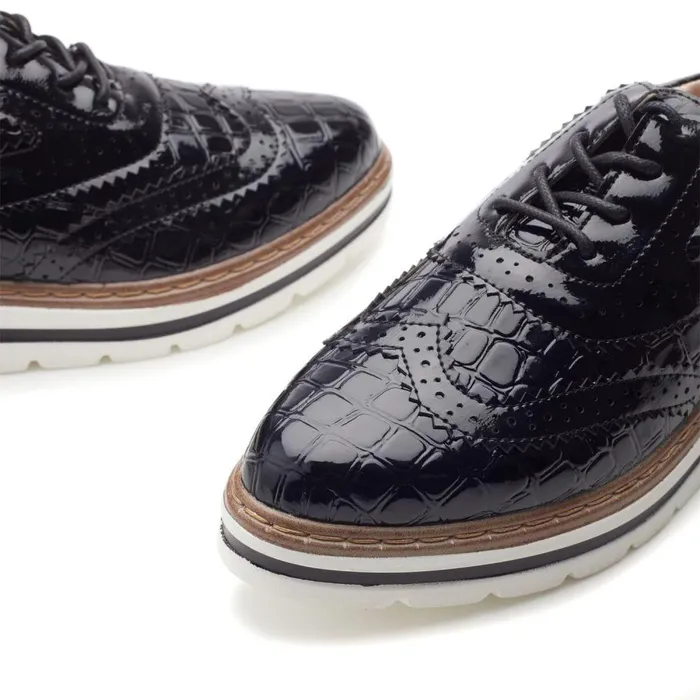 Women Moda In Pelle Brogues And Loafers Gennisiss Black Patent Mocc Croc