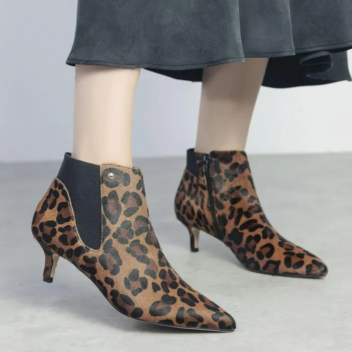 Women Moda In Pelle Heeled And Wedge Boots Qute Leopard Pony Hair