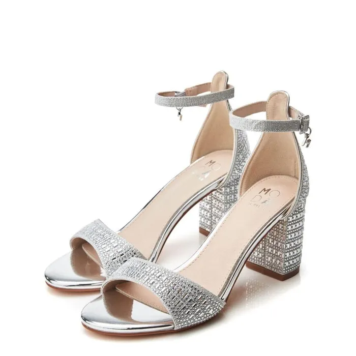 Women Moda In Pelle Heeled Sandals Rubiana Silver Textile