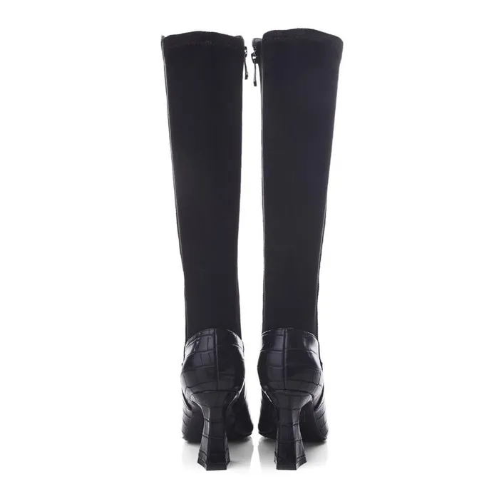Women Moda In Pelle Knee High Boots Millea Black Patent Mocc Croc
