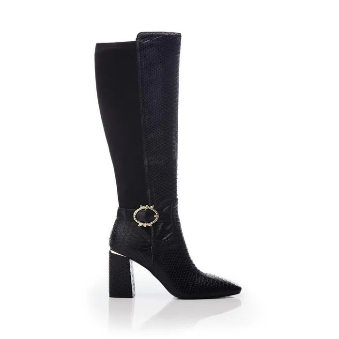 Women Moda In Pelle Knee High Boots Saretta Black Snake Print