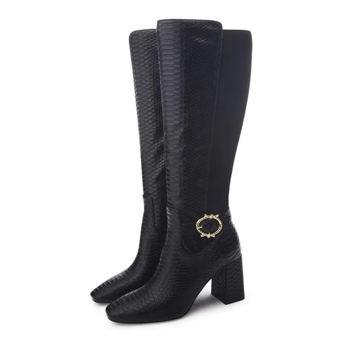 Women Moda In Pelle Knee High Boots Saretta Black Snake Print
