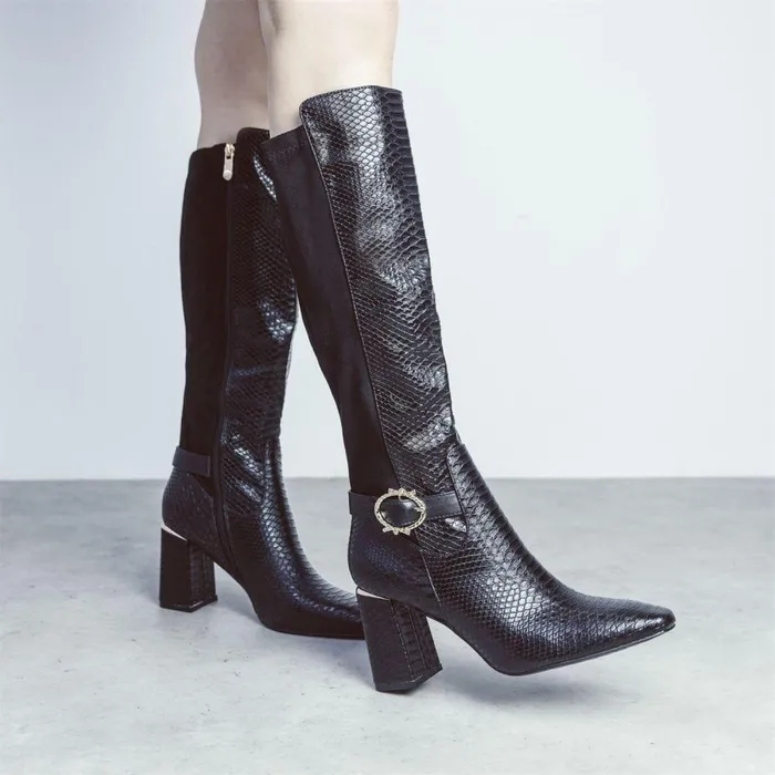 Women Moda In Pelle Knee High Boots Saretta Black Snake Print