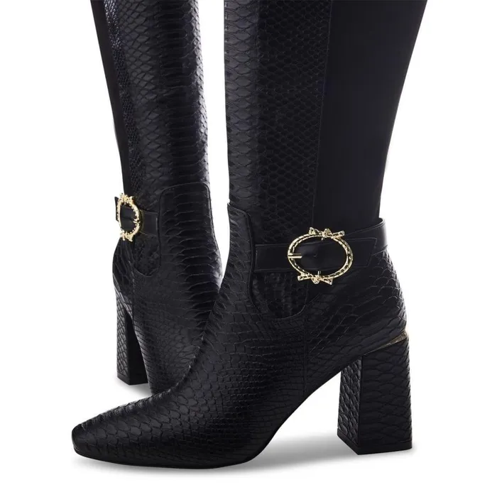 Women Moda In Pelle Knee High Boots Saretta Black Snake Print