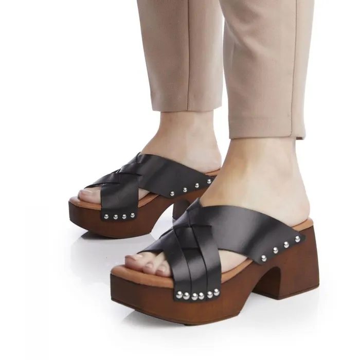 Women Moda In Pelle Mule Sandals Shoon Saffron Black Leather Women Moda In Pelle Mule Sandals Shoon Saffron Black Leather