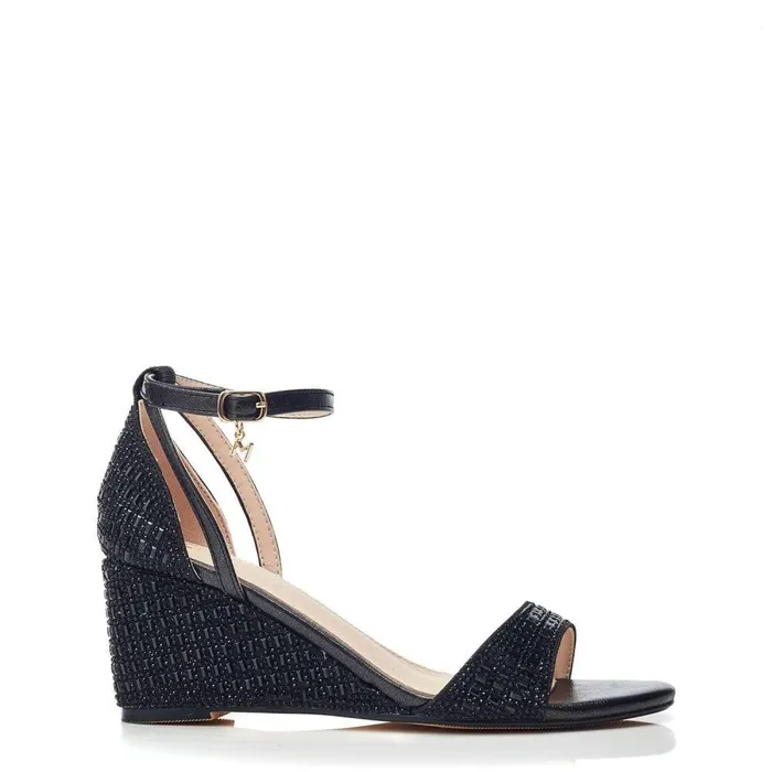 Women Moda In Pelle Wedge Sandals Simonah Black Textile