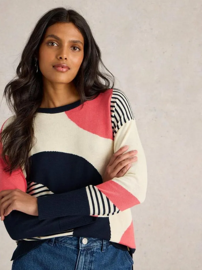 Women OLIVE ABSTRACT LONG SLEEVE JUMPER Navy Multi White Stuff Knitwear