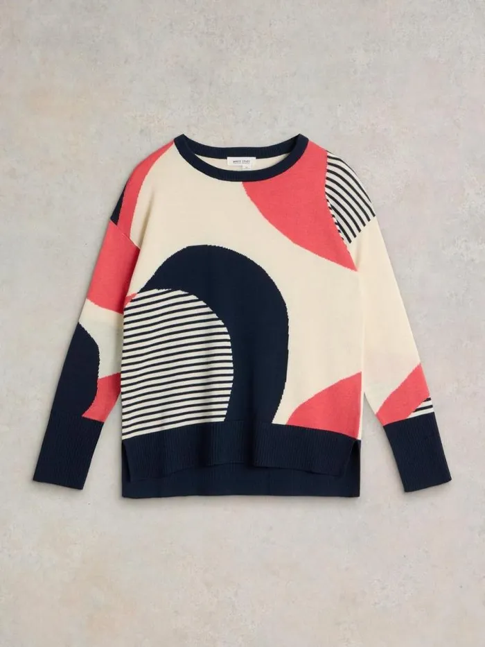 Women OLIVE ABSTRACT LONG SLEEVE JUMPER Navy Multi White Stuff Knitwear