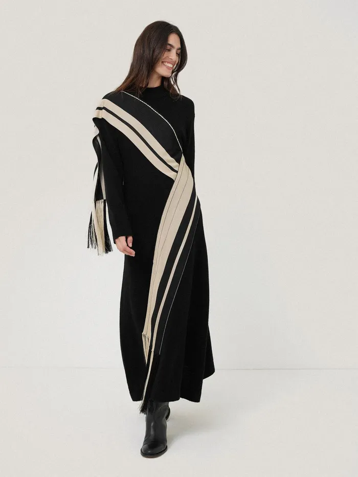 Women Opera Scarf Knitted Dress Black Jigsaw Dresses and Jumpsuits