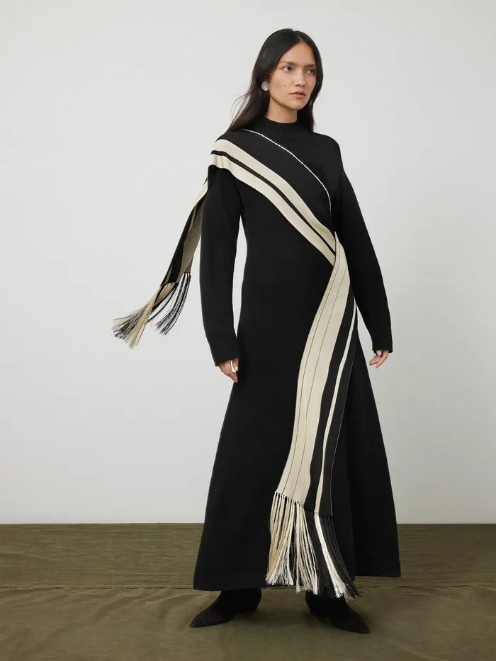 Women Opera Scarf Knitted Dress Black Jigsaw Dresses and Jumpsuits