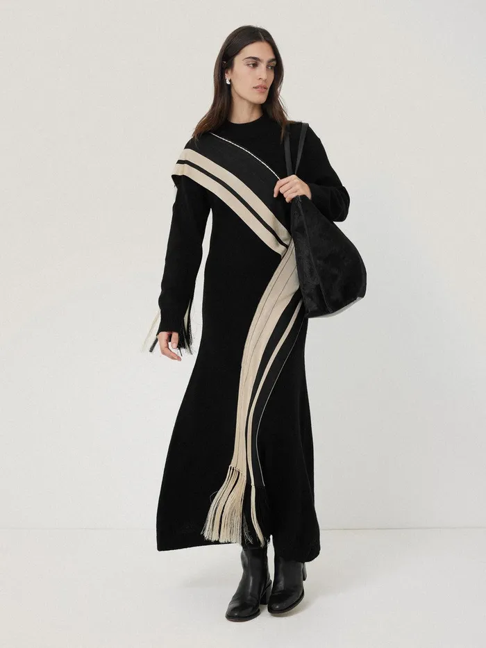 Women Opera Scarf Knitted Dress Black Jigsaw Dresses and Jumpsuits