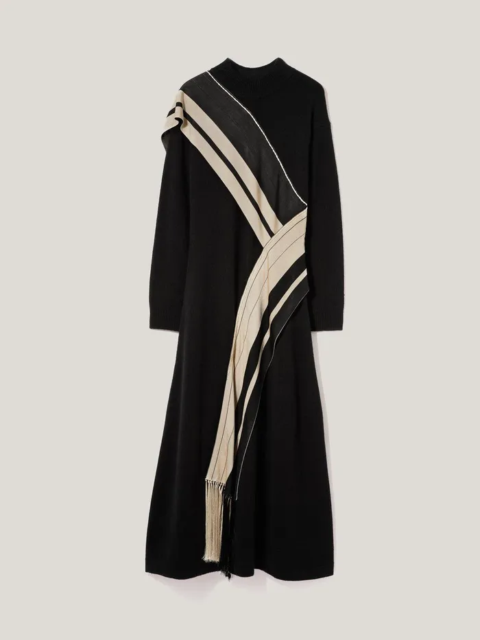 Women Opera Scarf Knitted Dress Black Jigsaw Dresses and Jumpsuits