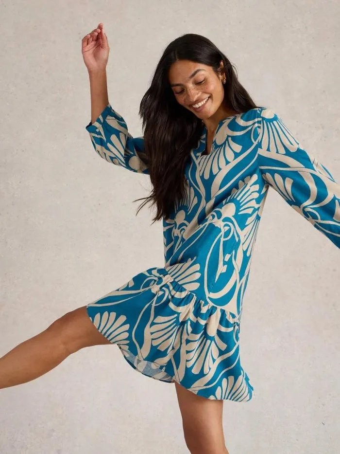 Women Otto Linen Blend Dress Blue Print White Stuff Dresses