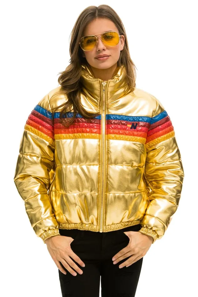 Women Outerwear Aviator Nation 5 STRIPE LUXE APRES PUFFER JACKET 8211 GLOSSY GOLD