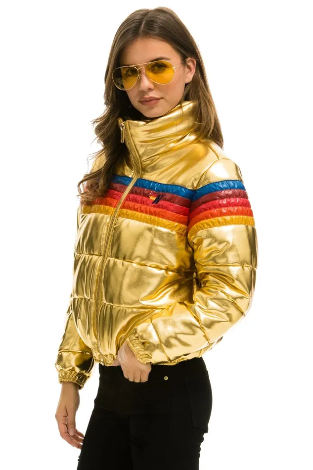 Women Outerwear Aviator Nation 5 STRIPE LUXE APRES PUFFER JACKET 8211 GLOSSY GOLD Women Outerwear Aviator Nation 5 STRIPE LUXE APRES PUFFER JACKET 8211 GLOSSY GOLD
