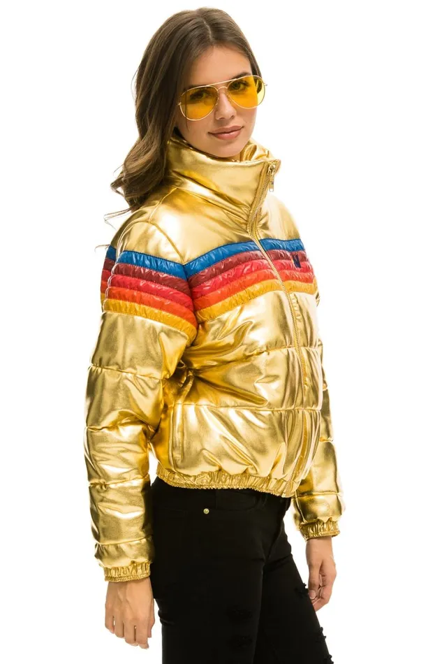 Women Outerwear Aviator Nation 5 STRIPE LUXE APRES PUFFER JACKET 8211 GLOSSY GOLD Women Outerwear Aviator Nation 5 STRIPE LUXE APRES PUFFER JACKET 8211 GLOSSY GOLD