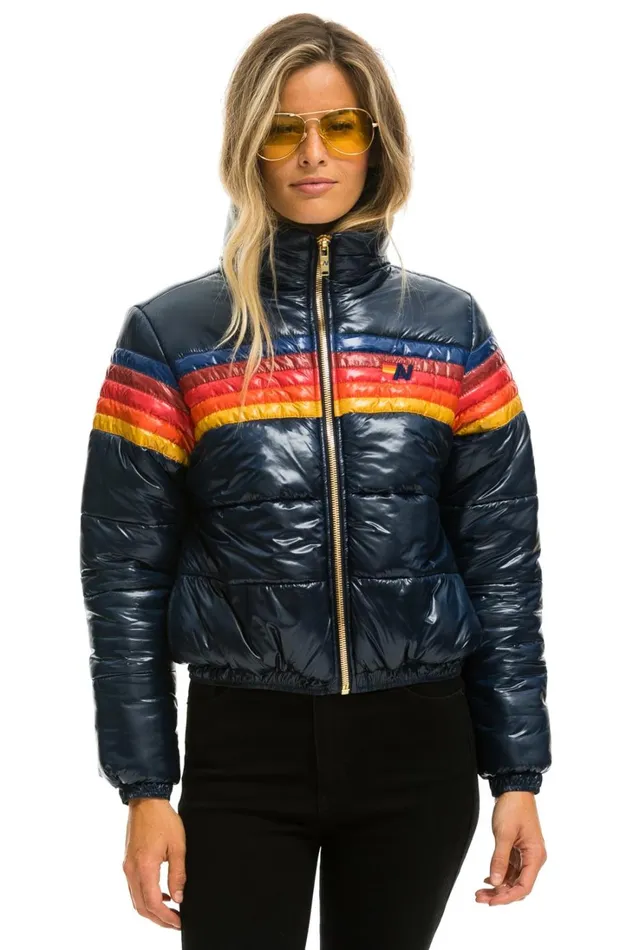 Women Outerwear Aviator Nation 5 STRIPE LUXE APRES PUFFER JACKET 8211 GLOSSY NAVY