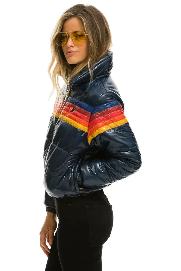 Women Outerwear Aviator Nation 5 STRIPE LUXE APRES PUFFER JACKET 8211 GLOSSY NAVY