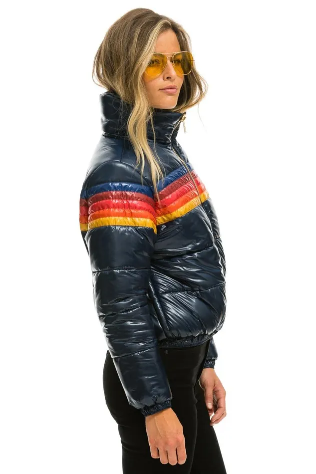 Women Outerwear Aviator Nation 5 STRIPE LUXE APRES PUFFER JACKET 8211 GLOSSY NAVY
