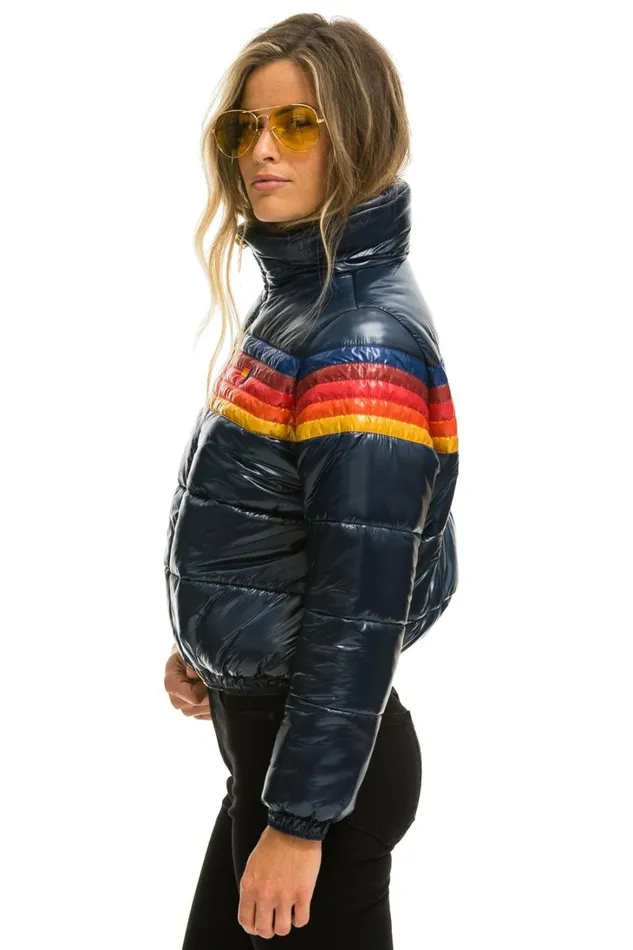 Women Outerwear Aviator Nation 5 STRIPE LUXE APRES PUFFER JACKET 8211 GLOSSY NAVY