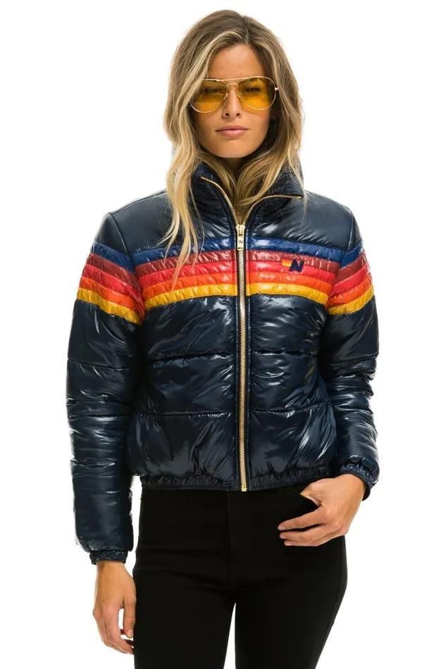 Women Outerwear Aviator Nation 5 STRIPE LUXE APRES PUFFER JACKET 8211 GLOSSY NAVY