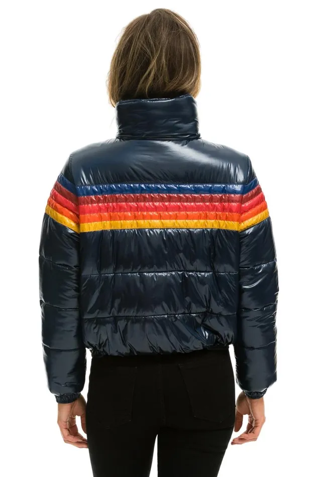Women Outerwear Aviator Nation 5 STRIPE LUXE APRES PUFFER JACKET 8211 GLOSSY NAVY