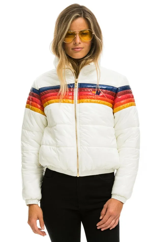 Women Outerwear Aviator Nation 5 STRIPE LUXE APRES PUFFER JACKET 8211 GLOSSY WHITE