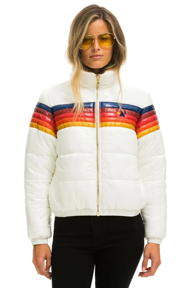 Women Outerwear Aviator Nation 5 STRIPE LUXE APRES PUFFER JACKET 8211 GLOSSY WHITE Women Outerwear Aviator Nation 5 STRIPE LUXE APRES PUFFER JACKET 8211 GLOSSY WHITE