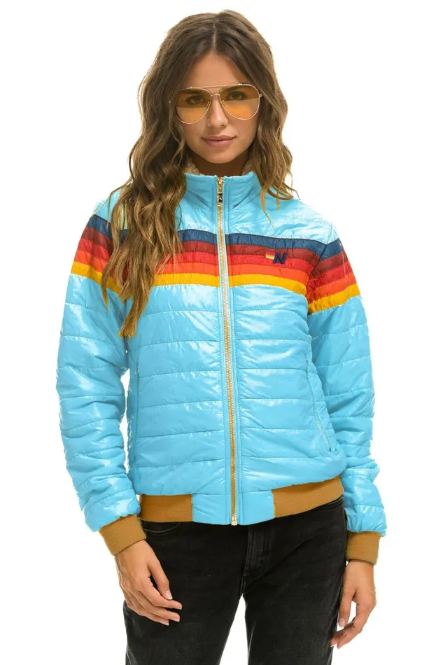 Women Outerwear Aviator Nation 5 STRIPE RAINBOW SLEEVE JACKET 8211 SKY GLOSSY