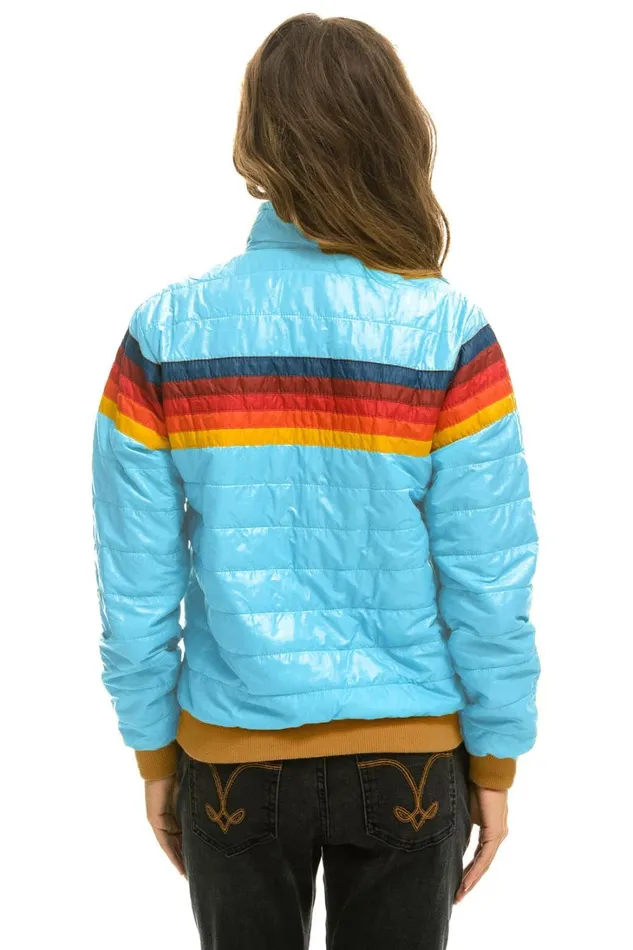 Women Outerwear Aviator Nation 5 STRIPE RAINBOW SLEEVE JACKET 8211 SKY GLOSSY